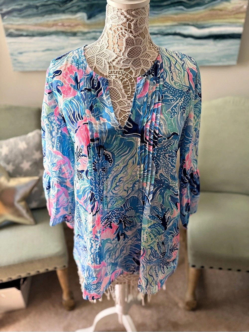 Lilly Pulitzer Hollie Linen Tunic Linen Tunic in Blue & Pink Size Large NWT